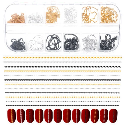 Hariendny 12 Strips Nail Chain Charms, Metal Nail Art Chains, 3D Gold Silver Dark Gray Nail Chains, Nail Jewelry Chains, Line Nail Charms, Nail Decorations with Box for Manicure Decoration DIY