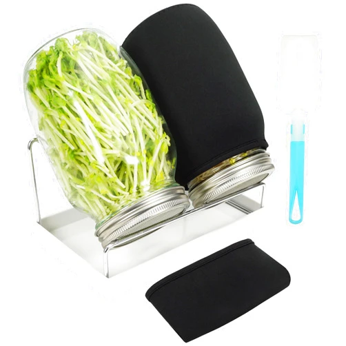 Zeato Sprouting Jar Kit Seed Sprouter Set for Growing Broccoli, Alfalfa, Mung Bea, Premium Stainless Steel Screen Sprout Lids, 2 Wide Mouth Mason Jars, Blackout Sleeves, Tray, Stand and Canning Brush