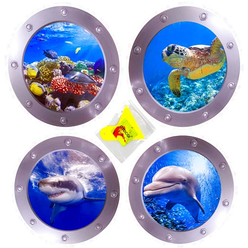 OTDCGI 4 PCS Ocean World Wall Window Stickers, 11 Inches Porthole 3D Sea Turtle, Shark, Dolphin Window Sticker Wall Window Decor