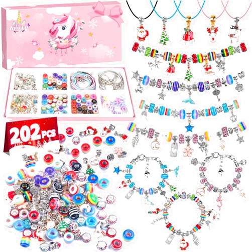 Anicco Bracelet Making Kit for Girls,202PCS Charm Bracelet Making Kit with Beads,and Necklace for DIY Craft Gifts for Teen Girls Age 8-12,Christmas Gifts for Girls, with A Unicorn Gift Box