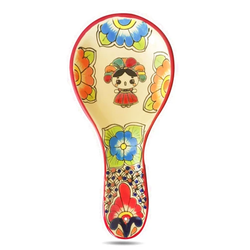 MAYANSHUL Large Talavera Ceramic Spoon Rest | Lele Doll design Hand-Painted, Utensil Rest for Spoons Ladles, Tongs or Spatula | Lead-Free, Dishwasher Safe | Lovely Mexican Gift