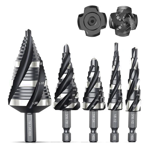 THINKWORK Four Spiral Flute Step Drill Bit Set, 5 Pcs HSS Step Drill Bits (1/8