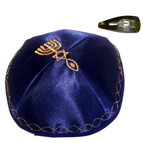 Holy Land Market Satin Kippah with Messianic Sign Embroidered (Blue with Golden Knitting)