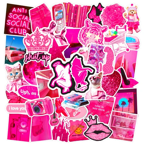 SLZQ 100 PCS Cartoon Stickers Hot Pink Stickers,Waterproof Vinyl Stickers for Laptop Phone Suitcase Skateboard,Cute Stickers Aesthetic for Kids Girls Teens