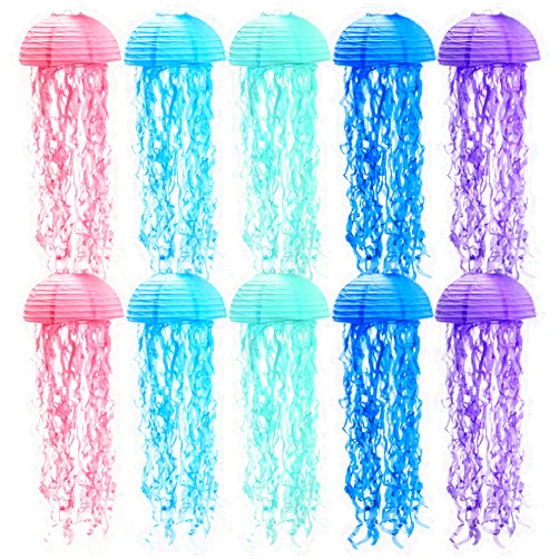 Okllen Set of 10 Jelly Fish Paper Lanterns, Pink Purple Blue White Hanging Lantern, Jelly Fish Mermaid Decor for Party, Under The Sea Mermaid Birthday Party Decorations