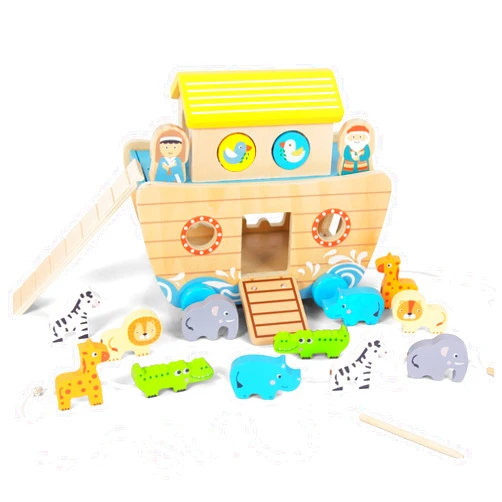 WOODENFUN Toddlers Wooden Noah's Ark Toy Animal Playset, Shape Sorter Early Learning Montessori Toys, Baptism Gifts for 3 Boys Girls Kids