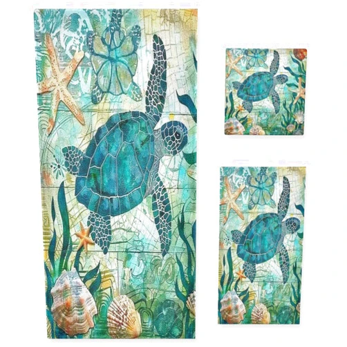 Vdsrup Vintage Ocean Turtle Towels Set of 3 Sea Starfish World Map Hand Towel Bath Towel Washcloth Soft Thin Face Guest Towel Kitchen Tea Dish Towels Bathroom Decorations Housewarming Gifts