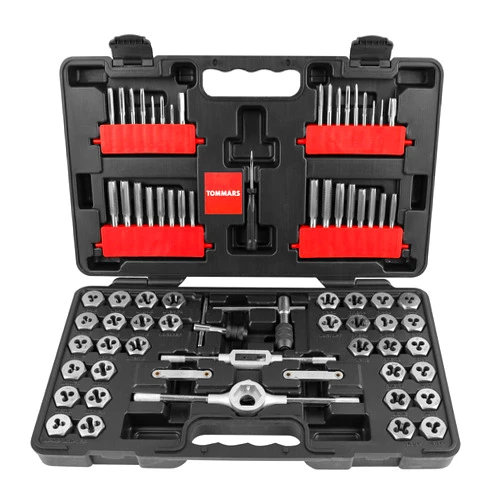 TOMMARS 75-Pc Tap and Die Set, SAE & Metric Hex Thread Taps Dies Wrench Metric Sizes M3 to M12 & Standard Sizes #4 to 1/2