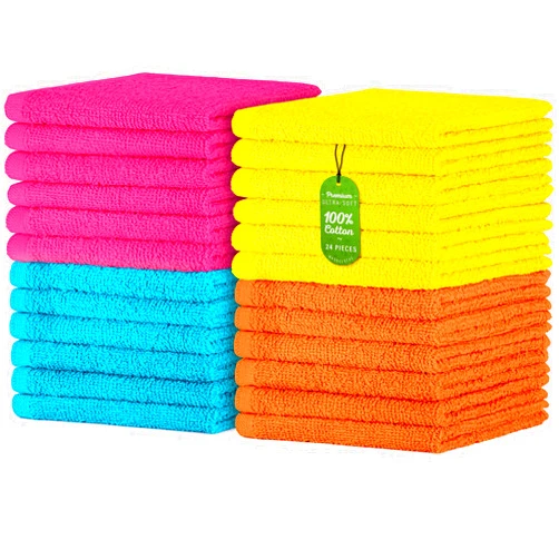 DecorRack 24 Pack 100% Cotton Wash Cloth, Luxurious Soft, 12 x 12 inch Ultra Absorbent, Machine Washable Washcloths, Vivid Assortment Colors (24 Pack)