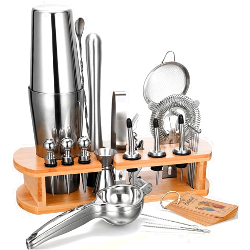 AOZITA 24-Piece Cocktail Shaker Bartender Kit with Stand, Boston Shaker, Mixing Spoon, Muddler, Measuring Jigger, Lemon Squeez, Tongs, Corkscrew, Liquor Pourers and More Professional Bar Tools