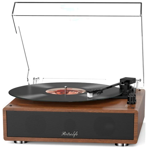 Retrolife Vinyl Record Player Built-in Stereo Speakers Vintage Turntable for Vinyl Records Bluetooth LP Phonograph All-in-one MM Cartridge Audio Phono AT-3600L Stylus 3 Speed Belt-Driven Auto Stop Walnut Brown