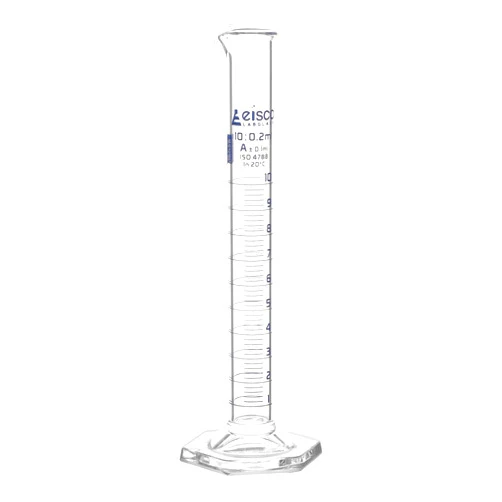 EISCO Graduated Cylinder, 10ml - Class A Tolerance ±0.10ml - Hexagonal Base - Blue Graduations - Borosilicate 3.3 Glass