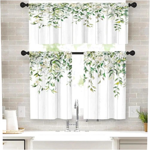 Emvency Eucalyptus Kitchen Window Curtains Valance and Tier Set 36 Inch, Rustic Botanical Sage Green Leaf 3 Piece Window Treatment Tiers Kitchen Decor Country White Wooden Wood Plank Rod Pocket Drapes