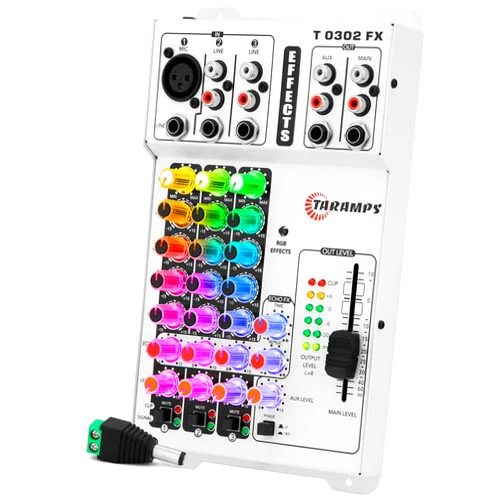 Taramp's Taramps T0302 FX Multicolor Professional Audio Mixer 69 RGB LED and VU Effects 4-Band Equalizer, Echo FX - 3 Input Channels with Microphone, RCA Input