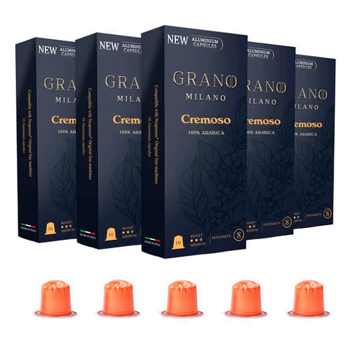 Grano Milano - Aluminum Espresso Pods Compatible with Nespresso®* Original Line Machines (Cremoso - 100% Arabica, 50 Pods)