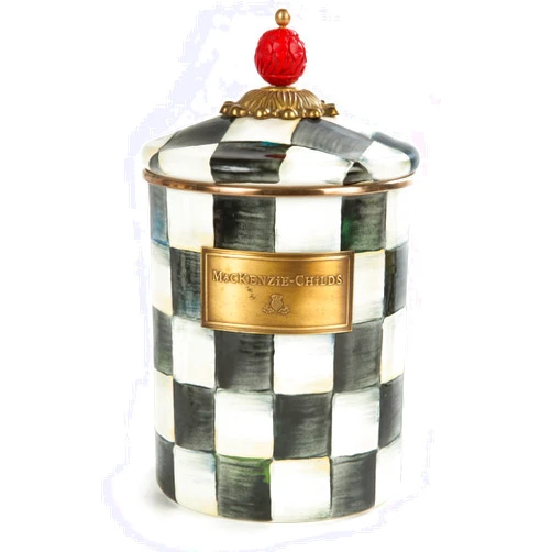 MACKENZIE-CHILDS Courtly Check Enamel Canister, Black-and-White Kitchen Storage Container with Lid, Medium