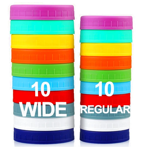 AOZITA 10 WIDE Mouth & 10 REGULAR Mouth Mason Jar Lids - 20 Pack Food Grade Plastic Mason Jar Caps for Ball, Kerr and More Canning Jars - Leakproof & Dishwasher Safe - Multicolor