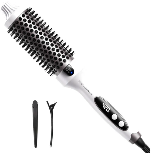 Wavytalk Thermal Brush, 1.5 inch Heated Round Brush for Blowout Look, Negative Ion Technology, Ceramic Tourmaline, 5 Temperature Settings, Dual Voltage, White