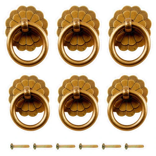 Zorfeter 6Pcs Antique Brass Ring Pulls Vintage Cabinet Small Ring Pulls Knobs Handles for Drawer Closet Cupboard