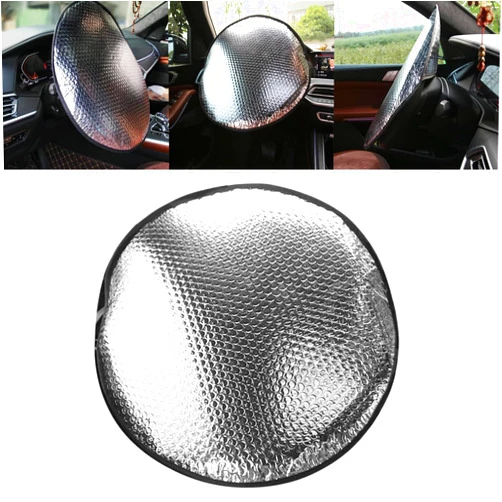 QODOLSI 1 Pack Car Steering Wheel Sun Shade Cooling Cover, 18.11In x 18.11In Double-Sided Available Fabric Vehicle UV Reflector, Universal Foldable Steering Wheel Heat Shield (Silver)