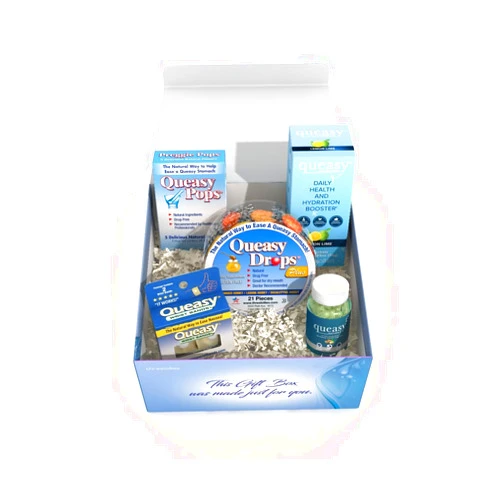 Three Lollies Queasy Gift Box - Natural, Non-Drowsy Nausea Relief Essentials with Anti-Sickness Lollipops, Rehydration Packets, Ginger Capsules, Anti-Nausea Bands & Lozenges for Dry Mouth