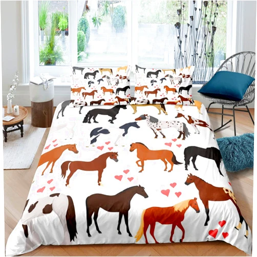 Erosebridal Horse Bedding Set Twin Size Farm Duvet Cover Kids Boys Girls Teens Cute Animal Comforter Cover Cartoon Horses with Pink Lover Heart Decor Kawaii Quilt Cover Cowboy Cowgirls Duvet Cover