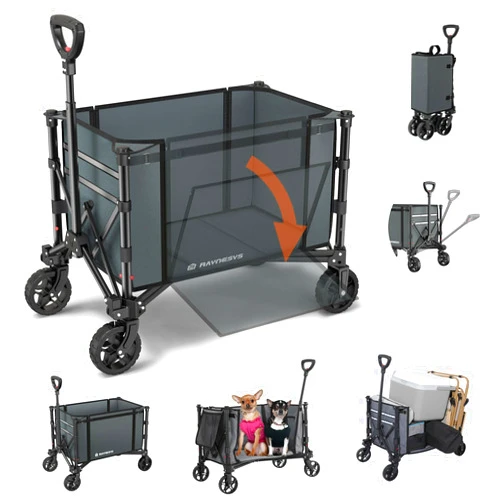 Raynesys Collapsible Wagon Cart with Wheels 220lbs Foldable Wagon 120L Shopping Cart for Groceries Folding Utility Wagon for Beach, Garden, Camping, Sport, Apartment, Wheelbarrows, Gray