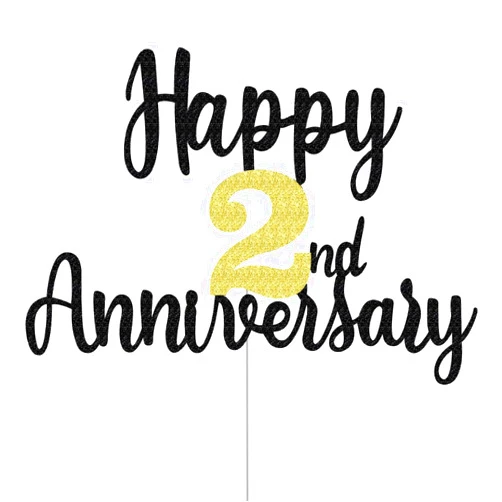 JUTTIRA Happy 2nd Anniversary Cake Toppers Glitter, Cheers To 2 Years Old Party Decorations 2 Year Anniversary Cake Decor, Two Theme Cake Decorations For Wedding Birthday Company Anniversary(Black Gold)