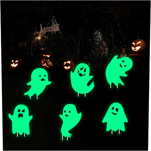 CiniQy Halloween Ghost Yard Stakes - 6 Pack Glow in Dark Outdoor Decorations, Friendly Lawn Ghosts for Outside Halloween Decor, Light Up Cute Plastic Ghost Yard Signs