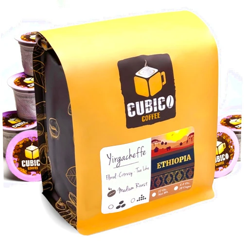 Cubico Coffee Ethiopian Yirgacheffe Coffee, Single Serve Coffee Pods, Premium Ethiopia Yirgacheffe Single Origin Fresh Roasted Coffee | K-Cup Compatible Brewers | Cubico Coffee | 10 Count