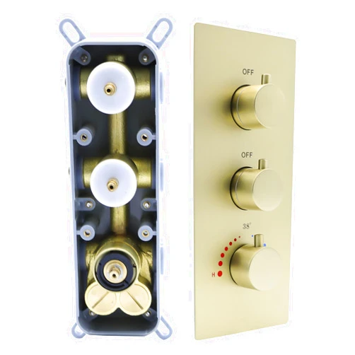 Drettyer 2 Function Shower Thermostatic Valve 3 Round Knob Valve Body Can Control Water Volume and Work at the Same Time Concealed Brass Bathroom Valve Replacement Rough-In Valve(Brushed Gold, 2-Way)