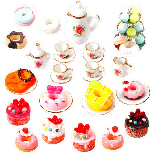 CHENGU 40 Pcs 1:12 Scale Dollhouse Miniature Kitchen Accessories Set Includes 15 Flower Pattern Porcelain Tea Cup 24 Mixed Pretend Cake Foods 1 Mini Three-Tier Cake Stand for Decor Supply (Sweet Style)