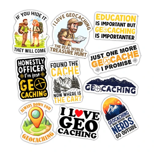 TAYTA (10pcs) Geocaching Stickers Geocaching Lover Decals Cute Geocacher Gifts Multiple Different Design Waterproof UV- Resistant for Water Bottles Laptop Window Car