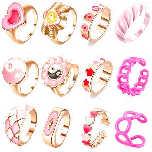 Hicarer 12 Pcs Y2k Rings Hot Pink Colorful Resin Acrylic Rings Chunky Vintage Trendy for Women