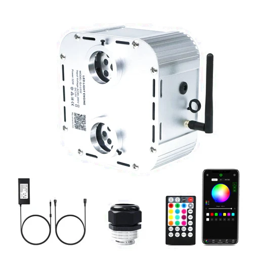 AMKI High Brightness Dual Port 32W Twinkle Sound Mode RGBW Light Source Engine Driver Remote/APP Control Starlight Box Motor for Fiber Optic Star Ceiling Light Kit