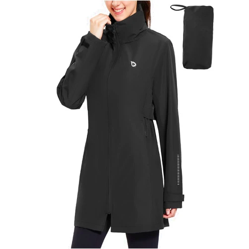 BALEAF Women's Long Rain Coat Packable Hood lightweight Waterproof Cycling Jacket Windbreaker
