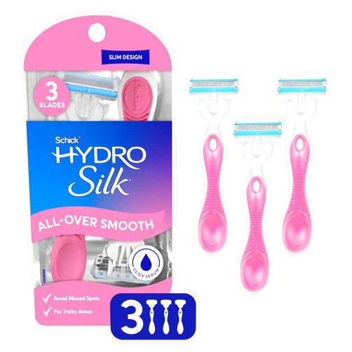 Schick Hydro Silk All-Over Smooth 3-Blade Disposable Razors for Women, 3ct | Travel Essentials, Ladies Razors, Shaver for Women, Slim Design, Avoid Missed Spots, 3ct