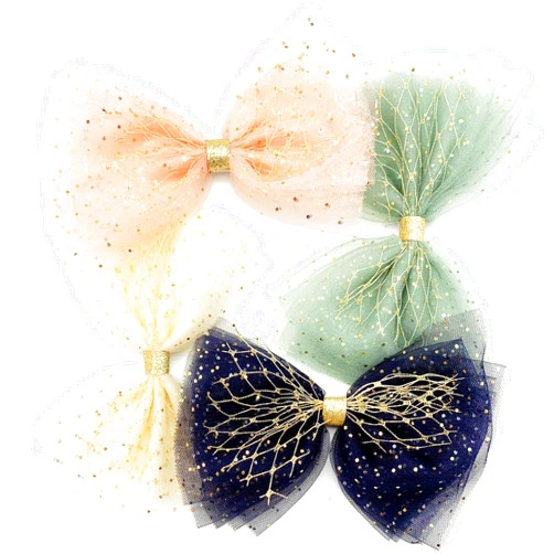 PrettyLife Big Tulle Hair Bows for Girls, 4 Pieces Cute Glitter Polka Dots Mesh Alligator Hair Clips Accessories 5.9