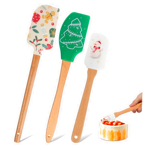 JECOMPRIS 3Pcs Christmas Silicone Spatula: Cake Spatula with Wooden Handle for Holiday - Xtmas Kitchen Utensils for Cooking Baking Cookie Mixing Stir Butter Cream