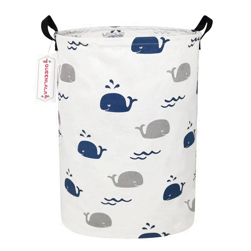 QUEENLALA Large Storage Basket,Laundry Hamper/Bathroom/Home Decor/Collapsible Round Storage Bin,Boys and Girls Hamper/Boxes/Clothing(Round-Blue Cute Whale)