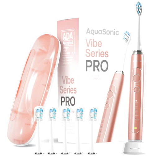 Aquasonic Vibe Series PRO – Ultra-Whitening Electric Toothbrush – 5 Modes & Smart Timers – Premium Travel Case & 6 Proflex Brush Heads – ADA Accepted Toothbrush (Rose Gold)