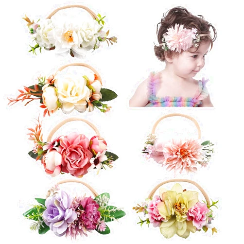 Cinaci 6 Pack Delicate Floral Rose Daisy Flower Super Stretchy Soft Nylon Headbands Hair Bands Accessories for Baby Girls Newborns Infants Toddlers Kids