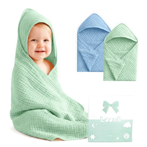 Looxii Baby Bath Towels 2 Pack Muslin Hooded Baby Towels for Newborn and Infants, 100% Cotton, Large 32x32Inch, Soft and Absorbent Blue+Green