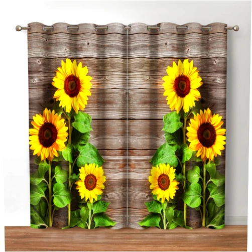 Jekeno Sunflower Blackout Curtains, Rustic Wood Floral Country Curtain, Farmhouse Barn Wood Theme Decor for Bedroom Living Room Darkening Grommet Window Drapes, 52 Wide 84 Long inches, 2 Panels