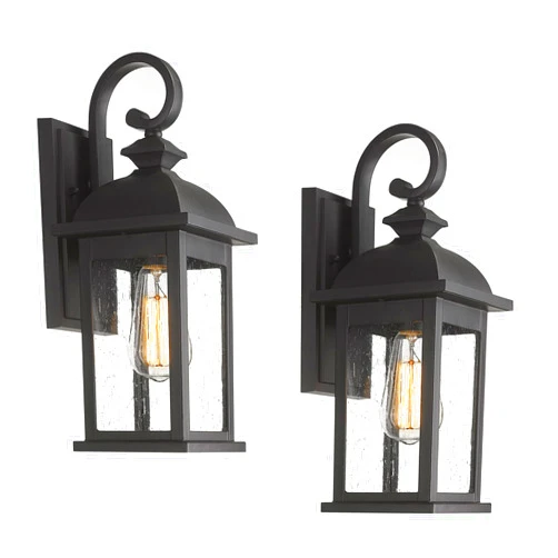 FEMILA Exterior Wall Sconce,2 Packs Outdoor Waterproof Wall Lights Fixture,E26 Socket Wall Lantern for Porch,Anti-Rust Matte Black Finish with Seeded Glass Lampshade,4FD54B-2PK BK