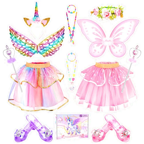 Chillife Princess Dress Up Fairy & Unicorn Costume for Girls 4-6, Toddler Dress with Tutu, Wings, Shoes, Jewelry, Headband Fairy Unicorn Toys for Girls Christmas Halloween Birthday Gift Toys