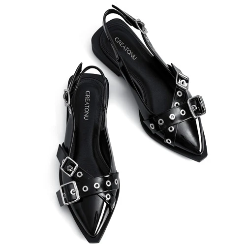 Greatonu Women's Slingback Flats for Women Ballerina Shoes Studs Buckle Flat Shoes Cross Strap Closed Toe Sandals Pointed Toe Ballet Flats Casual Party Dressy Shoes