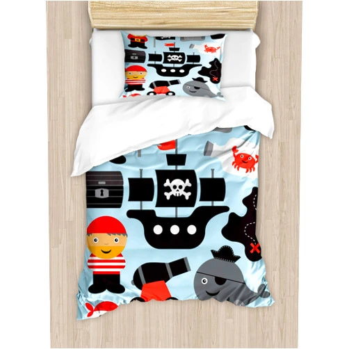 Ambesonne Pirate Duvet Cover Set, Ahoy Pirate Theme Nautical Hat Flag Bottle Ship Toy Island Skull, Decorative 2 Piece Bedding Set with 1 Pillow Sham, Twin Size, Black Blue