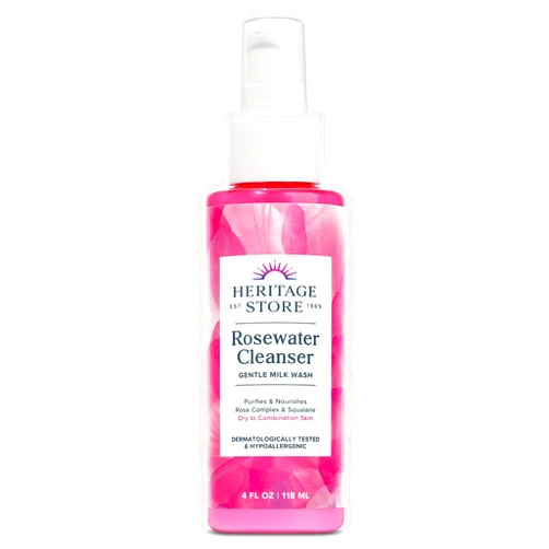 HERITAGE STORE Rosewater Facial Cleanser, pH Balanced Milk Wash Purifies and Nourishes w/ Squalane and Rose Complex, Dry to Combination Skin, Hypoallergenic, Vegan, Cruelty Free, 60-Day Guarantee, 4oz