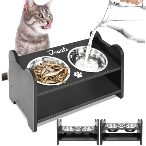Unistyle Wood Raised Cat Bowl, 15° Tilted Elevated Dog Bowls, Adjustable Dog Bowl Stand, 2 Stainless Steel Bowl with Stand for Kitty Cats Puppy, Food Grade Cat Food Bowls